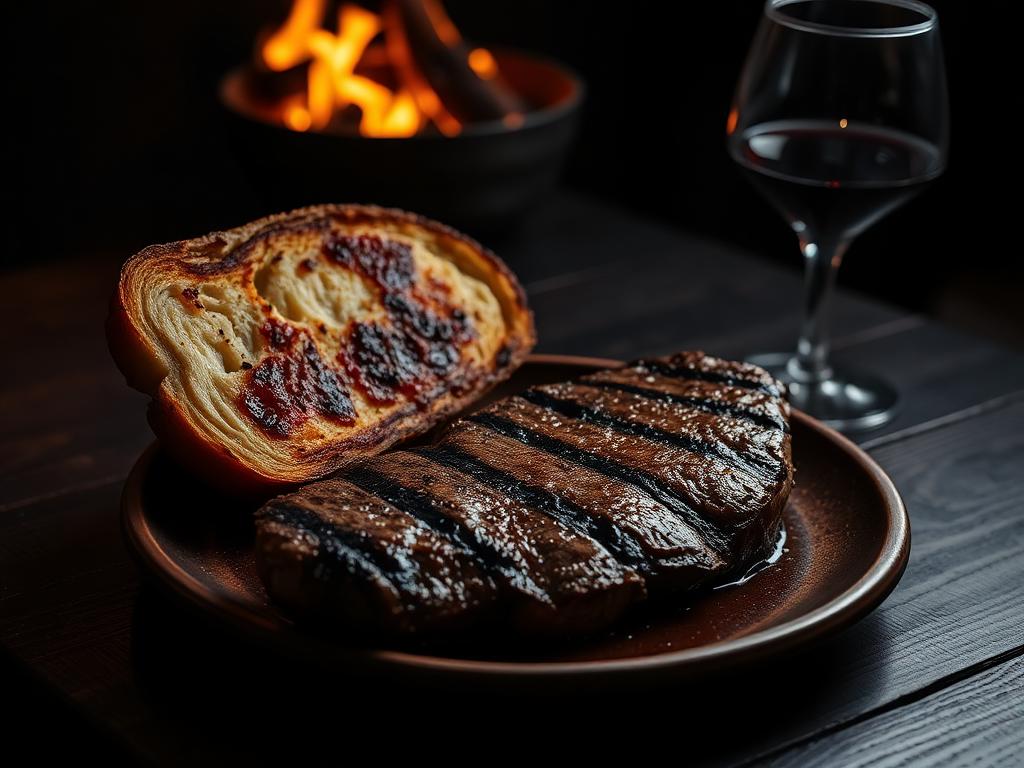 Piatto di carne alla brace e pane, luce calda